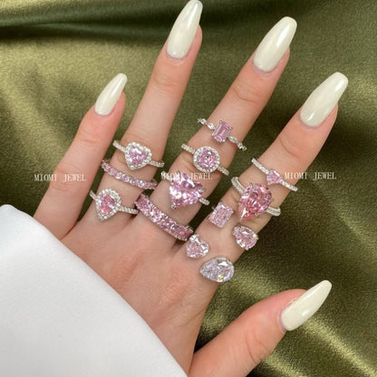 S925 Sterling Silver Ring Inlaid with Pink Water Drop Heart Zircon Ring Row Diamond Ring Pink Diamond Ring