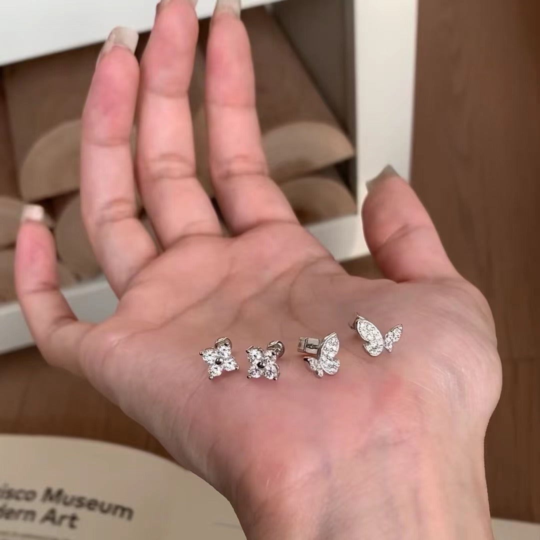 Italian Vintage Brushed Light Luxury High-End Jewelry925Sterling Silver Butterfly Threaded Earrings Four-Leaf Clover Screw