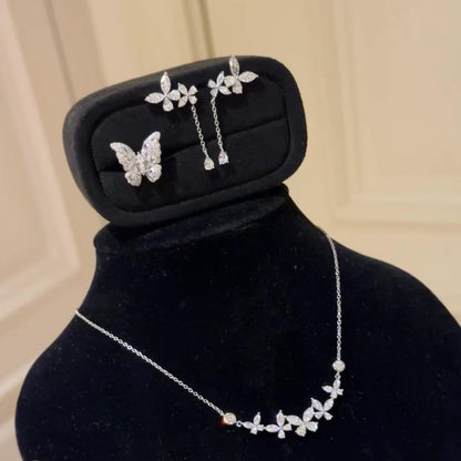 Pure Silver S925 Light Luxury High-End Jewelry Butterfly Cluster High Carbon Diamond Sparkling Earrings Butterfly Necklace Collarbone