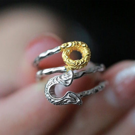 Korean Version Pure Silver Gold and Silver Color-Block Tang Grass Pattern Brooch Ring for Women Vintage Exquisite Silver-Plated Handmade Feel