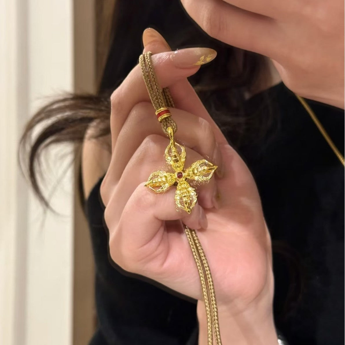 Brown Rope Necklace Pure Silver S925 Ruby Cross Vajra Necklace for Women Double-Sided Pendant Autumn Winter