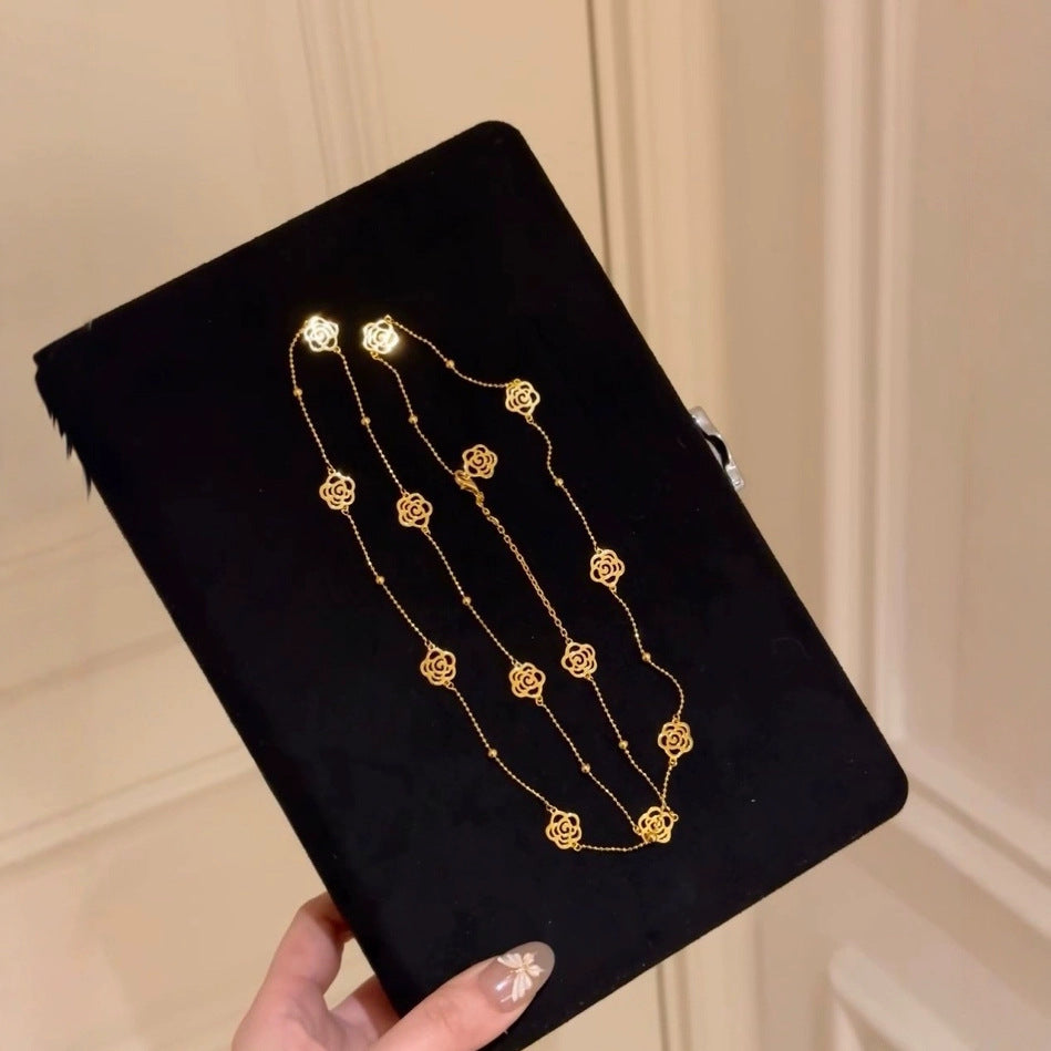 Sterling Silver S925 Real Gold Plated Double Layer Rose Flower Beads Sweater Chain Long Necklace