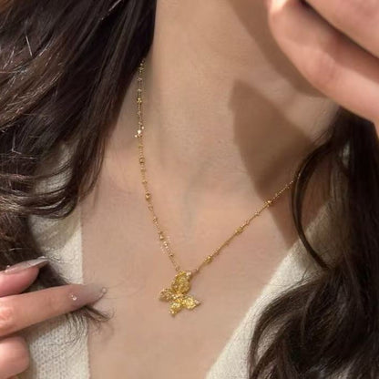 Sterling Silver S925 Brushed Craft Butterfly Earrings Necklace Set French Light Luxury Retro Niche Design Jewelry Set