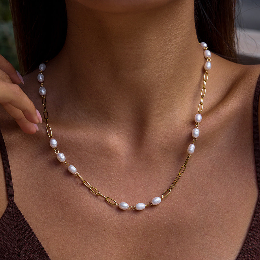 Titanium Steel Freshwater Pearl Long Necklace Light Luxury High-end Sweater Chain Stainless Steel Jewelry Accessories