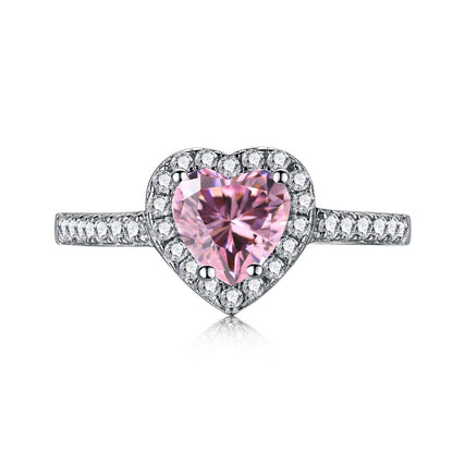 S925 Sterling Silver Ring Inlaid with Pink Water Drop Heart Zircon Ring Row Diamond Ring Pink Diamond Ring