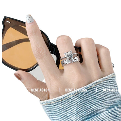 Sterling Silver S925 Bear Gingerbread Man Ring Cute Fresh Bear Creative Design Open Ring Index Finger Ring