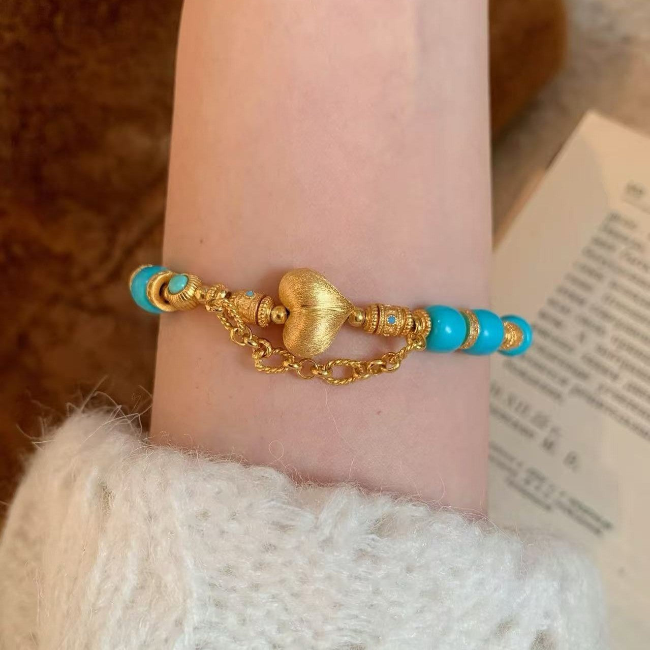 Pure Silver S925 Brushed Craft Peach Blue Turquoise Coiled Bracelet Vintage Luxurious Elegant High-end Jewelry