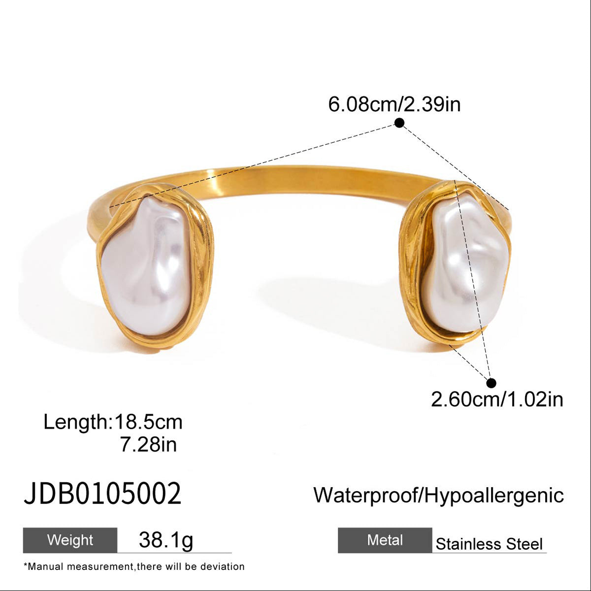 Imitation Baroque Pearl Ring Titanium Steel Non-Fading Open Bracelet High-End Stainless Steel Jewelry for Women