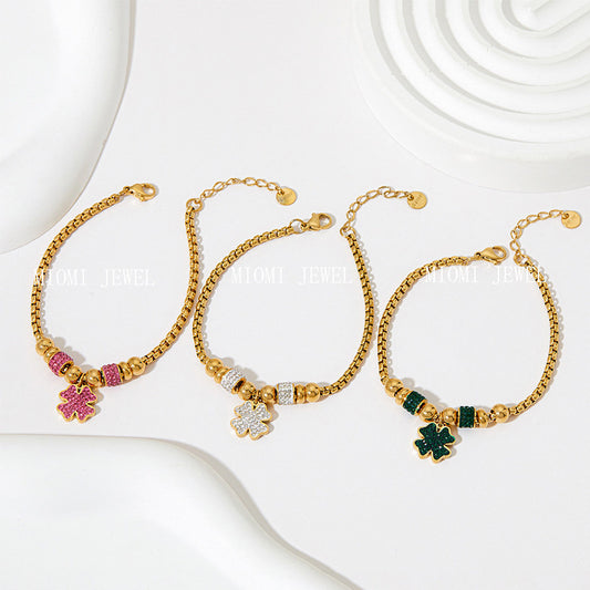 New Lucky Clover Bracelet for Women Stainless Steel Inlaid Diamond Four-Leaf Clover Bracelet Sweet Fairy Style Color-Retaining Jewelry