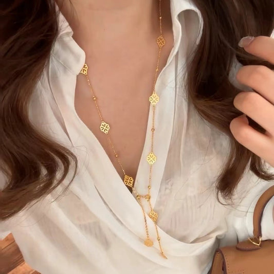 Pure Silver S925 Necklace Light Luxury High-end Feel Real Gold Plating Classical Four-flower Sweater Chain Simple Versatile Sweater Chain