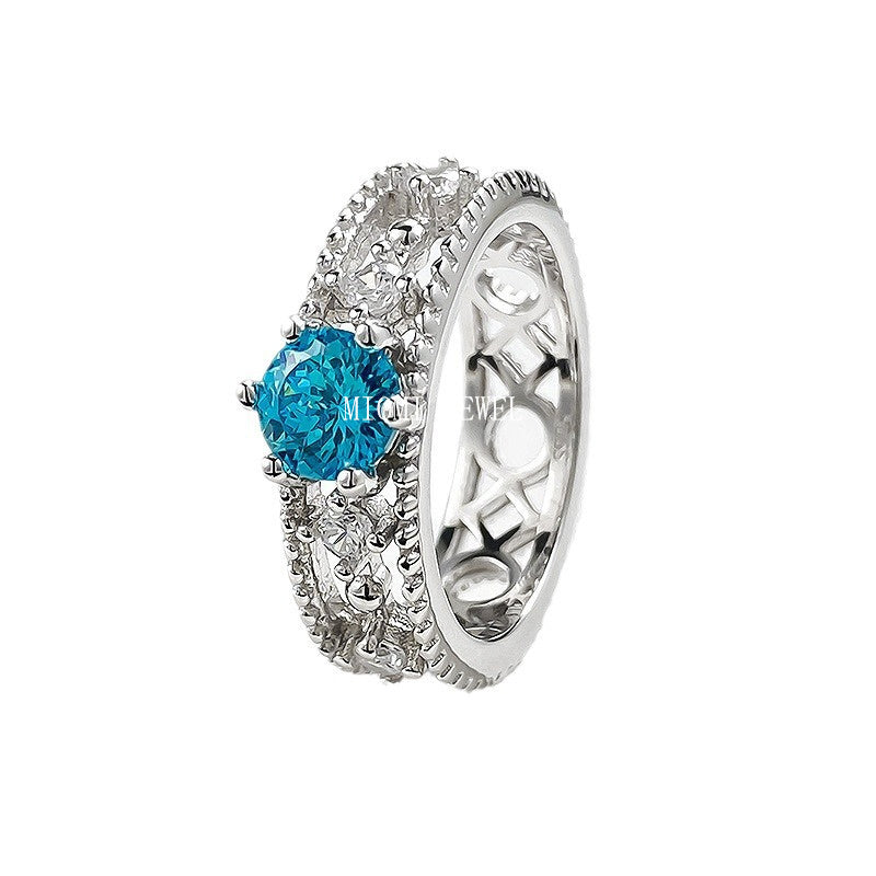 Gold Jewelry S925 Silver Daily Luxury Style One Carat Aquamarine Firework Cut Ring for Women Fashion Versatile Style