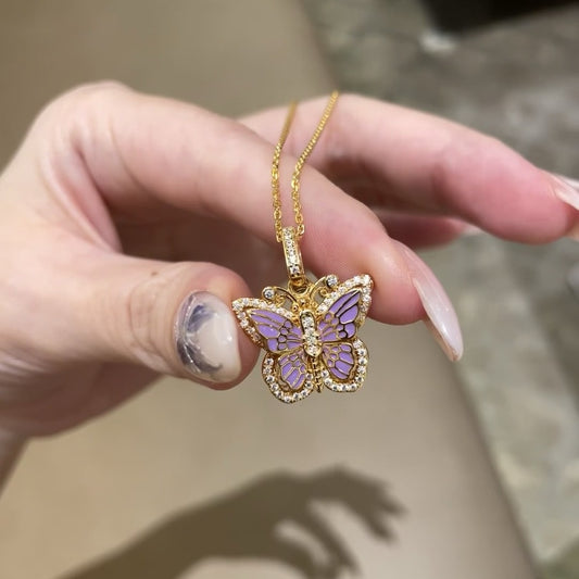 Pure Silver S925 Ancient Gold Plated Enamel Craft Large Butterfly Necklace Nine Purple Fire Medieval Style