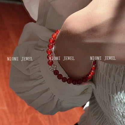 New Year Edition S925 Sterling Silver Red Agate Bracelet Woven Silver Ball Bracelet Simple Fashionable Personalized Jewelry