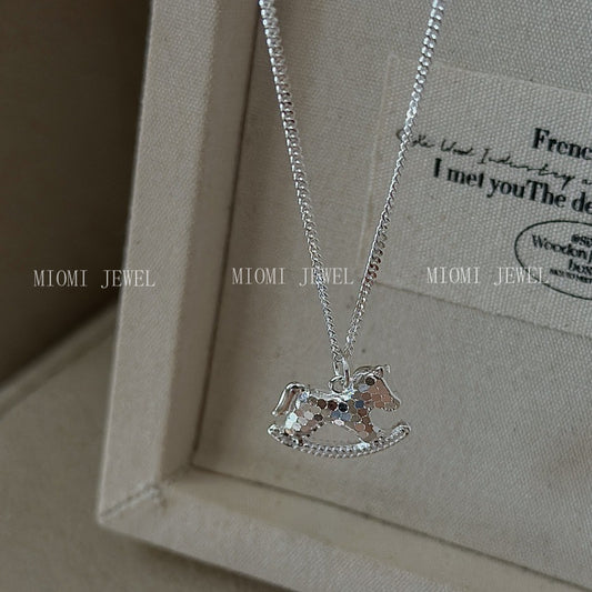 S925 Sterling Silver Korean Version Niche Design Retro CNC Pony Necklace Korean Style Fashionable Simple Collarbone Chain Wholesale