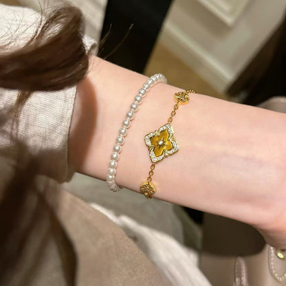 Pure Silver S925 Bucha Style Four-Leaf Clover Tiger Eye Necklace Bracelet Set Heavy Craft Buchi Brushed Set Light Luxury High-end