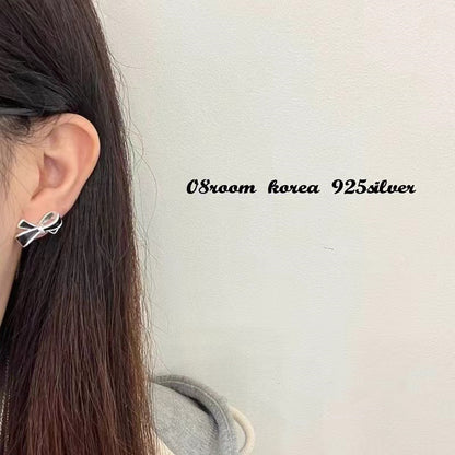 Pure Silver S925 Korean Style Black Resin Bow Fashion Niche Elegant Design Versatile Earrings
