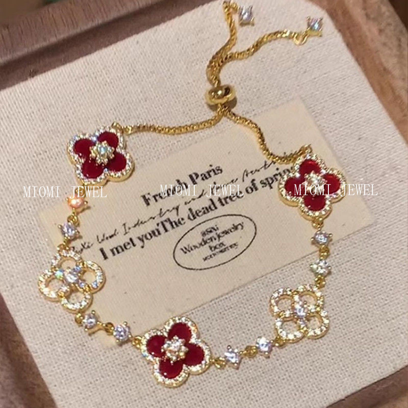 E-commerce Four-leaf Clover Bracelet Micro-inlaid Zircon Pink Mother-of-Pearl New Sweet Light Luxury Elegant Niche Design Jewelry