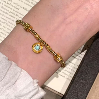 Pure Silver S925 Blue Turquoise Coiled Bracelet Simple Niche Style Fashionable Versatile Jewelry Beads