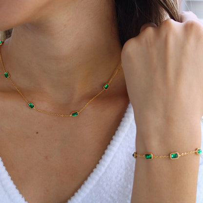 Ins Style Square Emerald Zircon Necklace Light Luxury Niche High-end Titanium Steel Collarbone Chain Necklace Bracelet