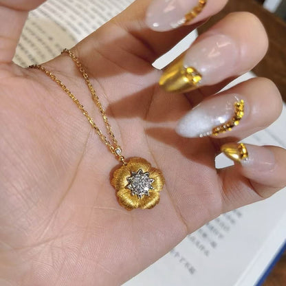 Pure Silver S925 Brushed Craft Color Electroplated Wealth Flower Pendant Necklace Fashion Simple