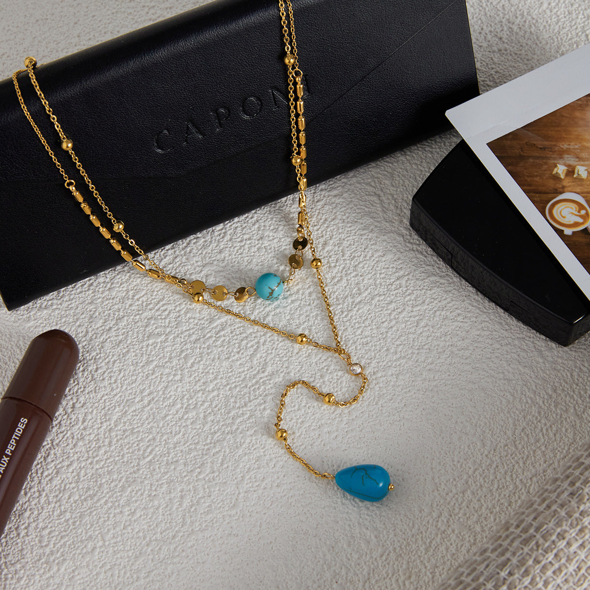 Blue Turquoise Double Layer Titanium Steel Long Necklace Accessories Women Light Luxury High-end Sense Y Chain Stainless Steel Jewelry