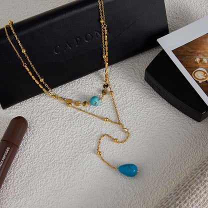 Blue Turquoise Double Layer Titanium Steel Long Necklace Accessories Women Light Luxury High-end Sense Y Chain Stainless Steel Jewelry