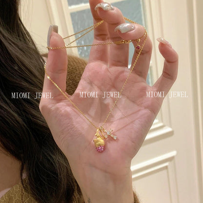 S925 Sterling Silver Brushed Pinecone Cross Necklace Exquisite Sweet Pink Diamond Pendant Niche Design Sense Clavicle Chain