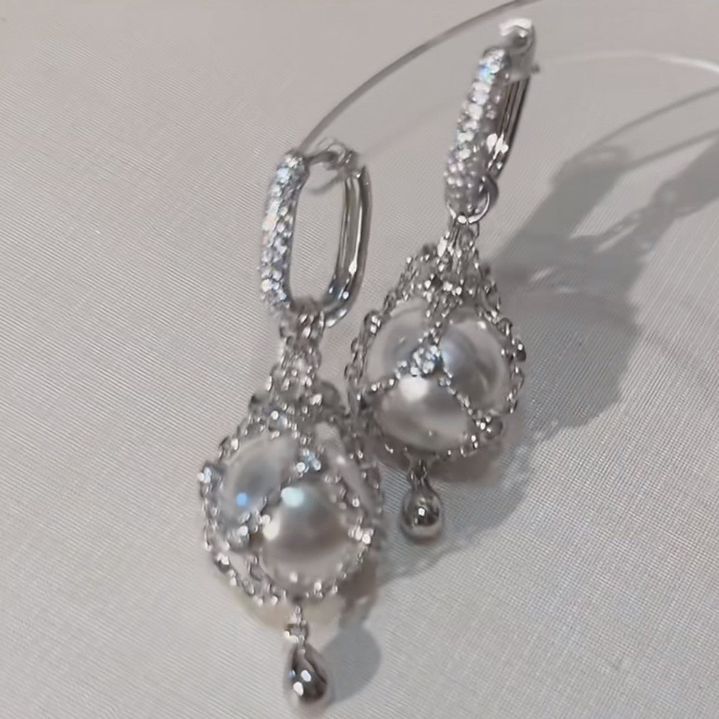 Pure Silver S925 Net Pocket Double A White Crystal & Swarovski Pearl Earrings Light Luxury High-end Earrings Fashion Ins Style Elegant