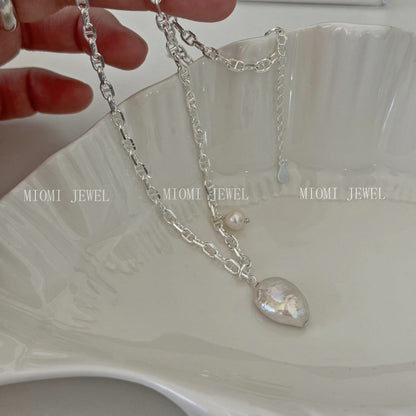 S925 Silver Korean Version Niche Design Freshwater Pearl Irregular Baroque Pig Nose Necklace Wind Collarbone Chain