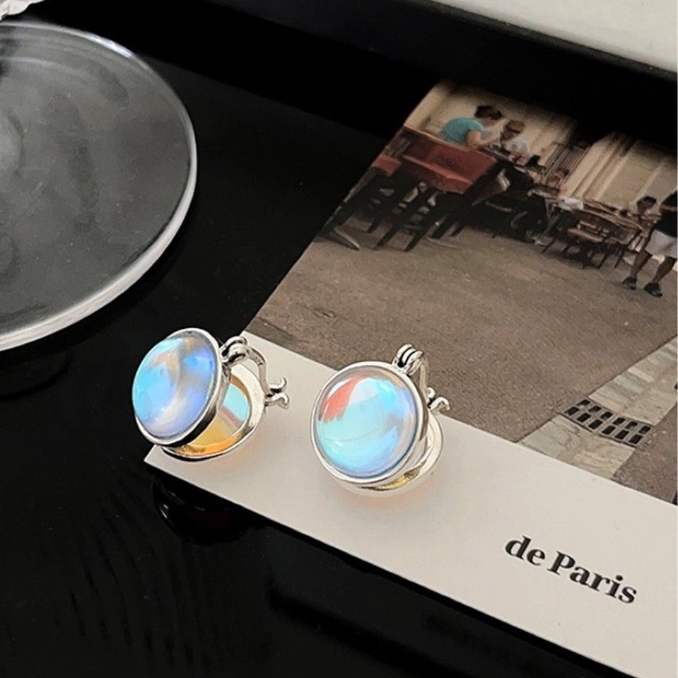 Korean Version S925 Sterling Silver Moonstone Earrings Studs for Women Summer Light Luxury Niche Elegant High-end Neutral Style High-end Super Fairy