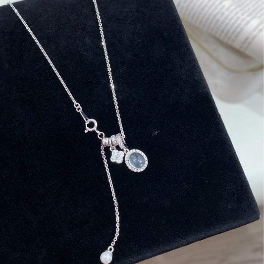 Dragon Heart Same Style Natural Water Foam Jade Four-Leaf Clover Necklace Light Luxury Niche Sparkling Diamond Exquisite Internet Celebrity Collarbone Chain