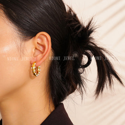18k Gold Inlaid Pearl Circle Earrings Light Luxury High-end Feel Non-fading Titanium Steel Water Drop C-shaped Ear Jewelry